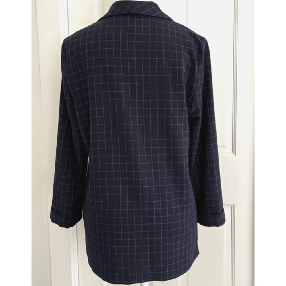 RACHEL‎ ZOE Open Front Knit Blazer Jacket Navy Blue Windowpane Check Preppy S